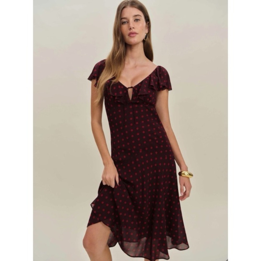 Reformation Gaelle Midi Dress Sz M Red Berry Dot Flutter Sleeve Feminine Whimsy